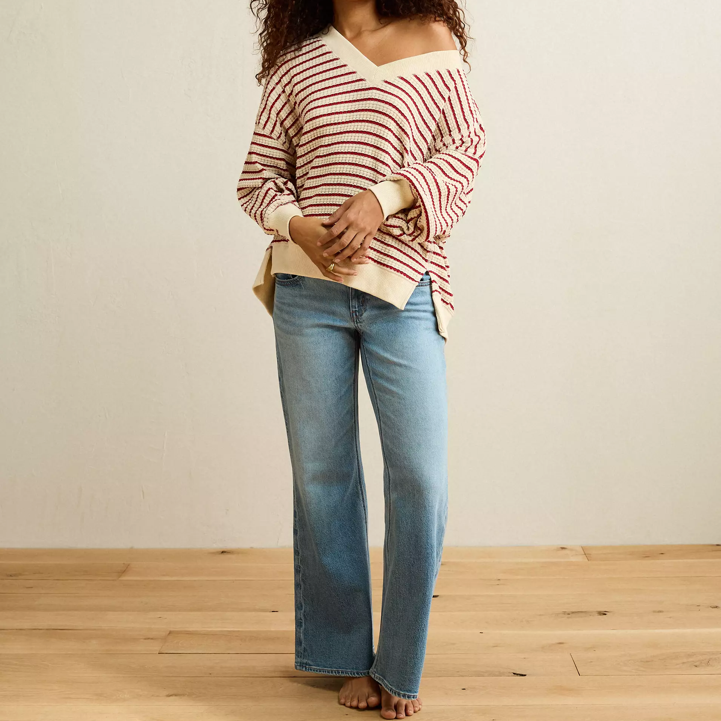 V‑Neck Waffle Knit Long‑Sleeved Top