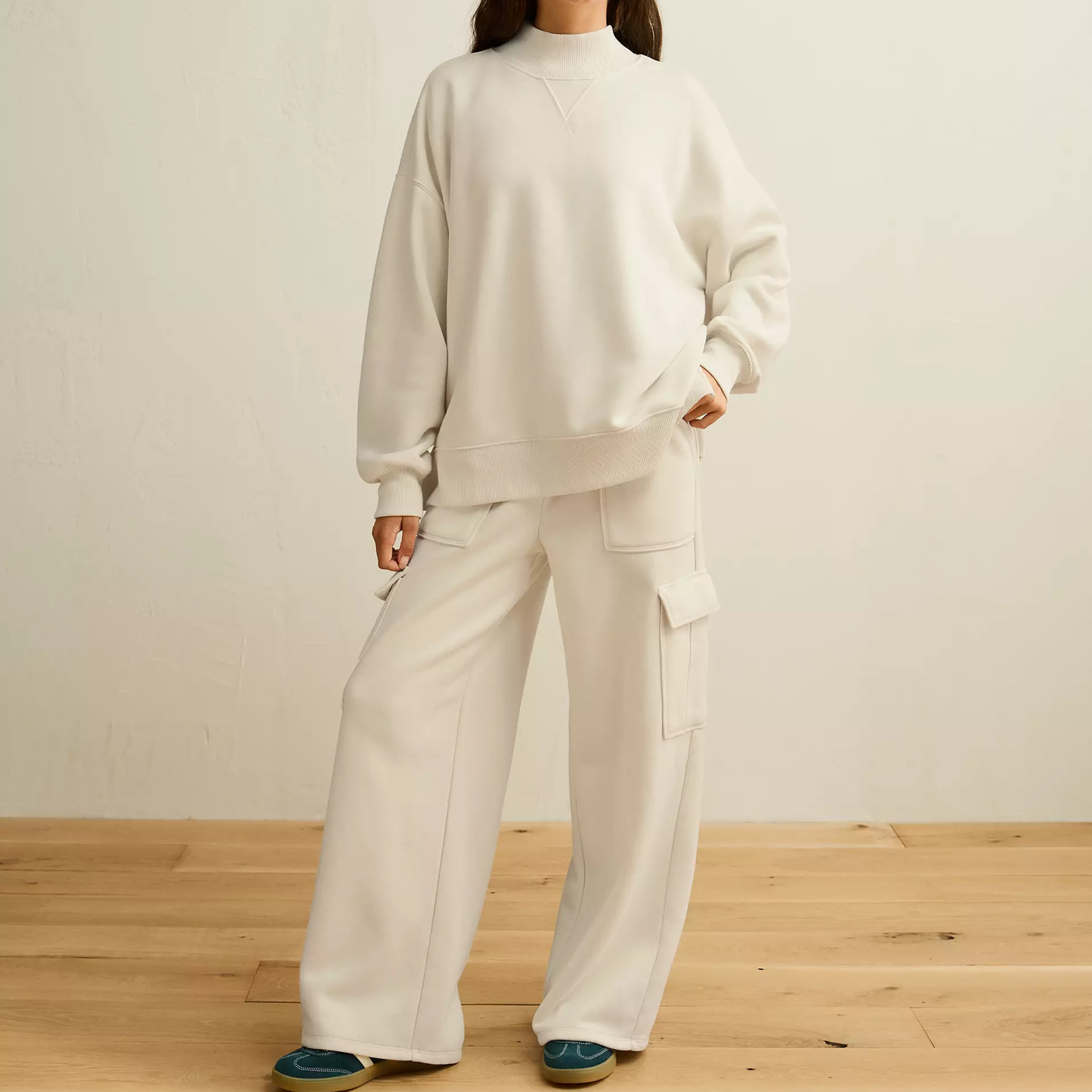 Relaxed Fit Mock Neck Fleece Long‑Sleeved Top