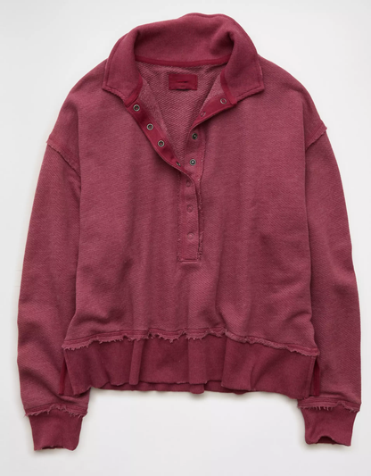 Classic Fit Collared Snap‑Placket Fleece Long‑Sleeved Top