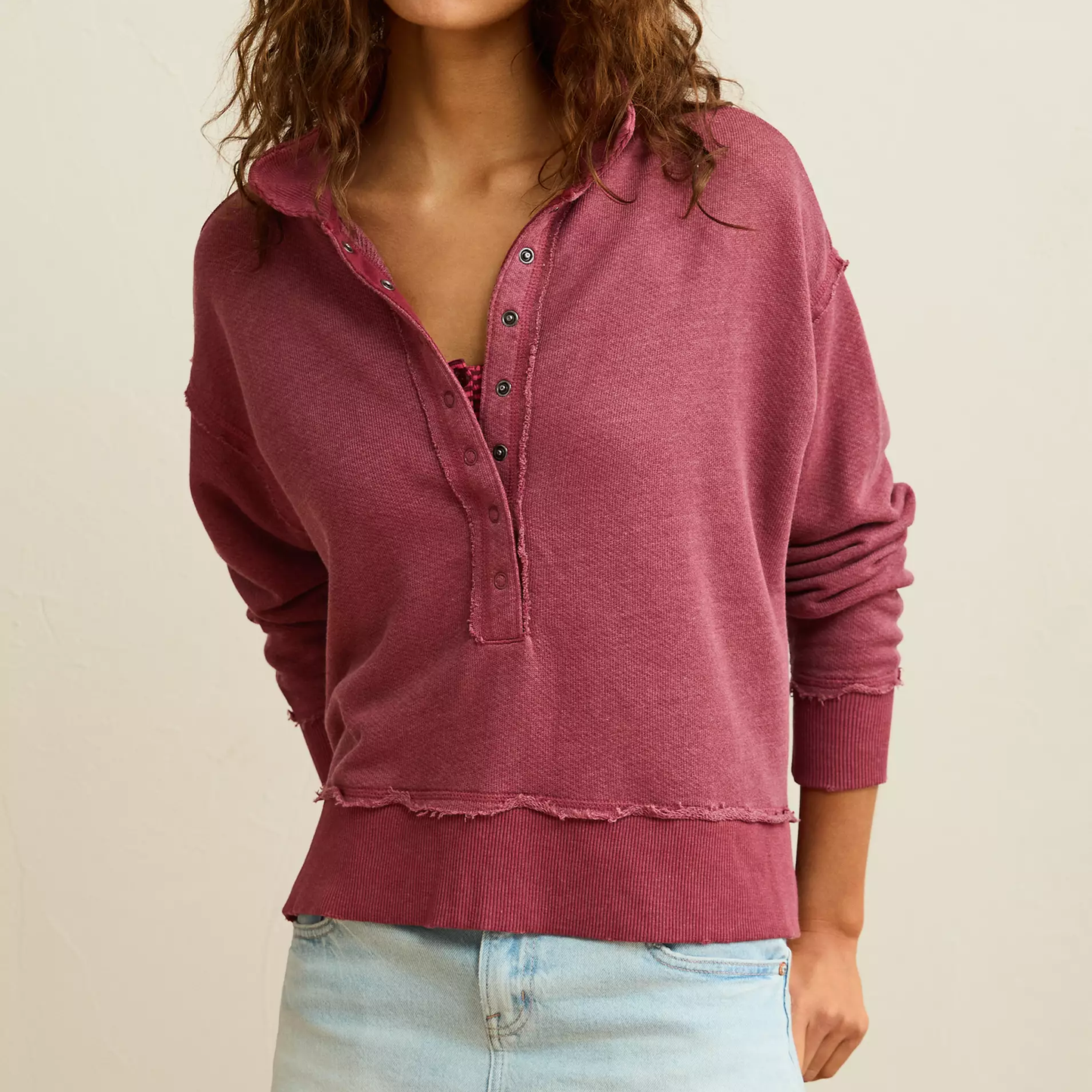 Classic Fit Collared Snap‑Placket Fleece Long‑Sleeved Top