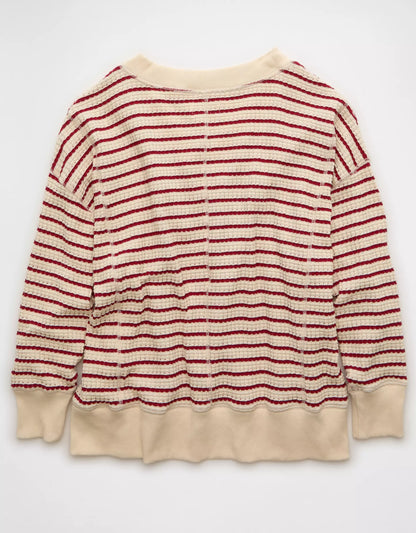 V‑Neck Waffle Knit Long‑Sleeved Top