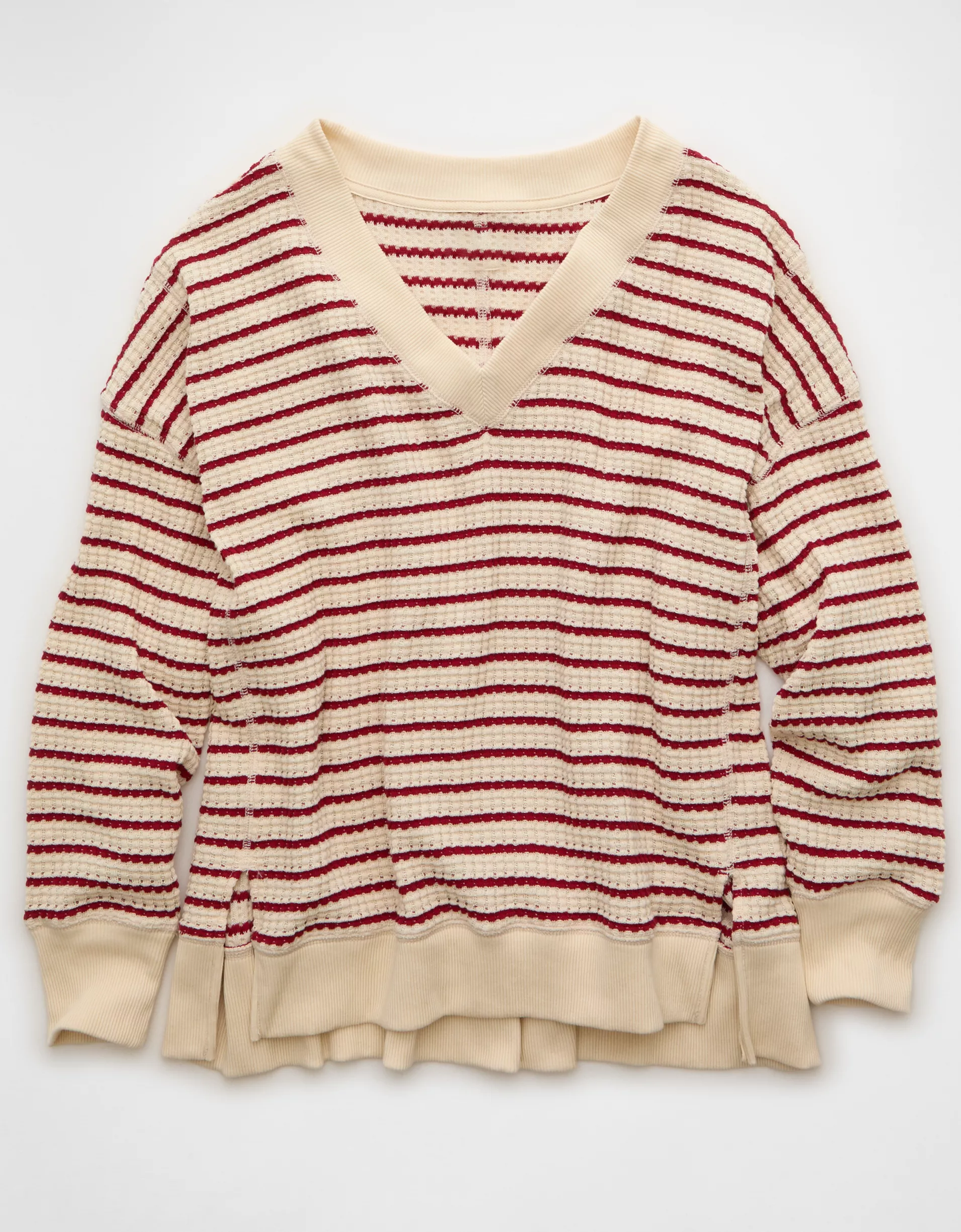 V‑Neck Waffle Knit Long‑Sleeved Top