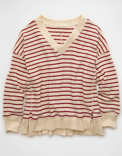 V‑Neck Waffle Knit Long‑Sleeved Top