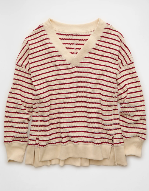 V‑Neck Waffle Knit Long‑Sleeved Top