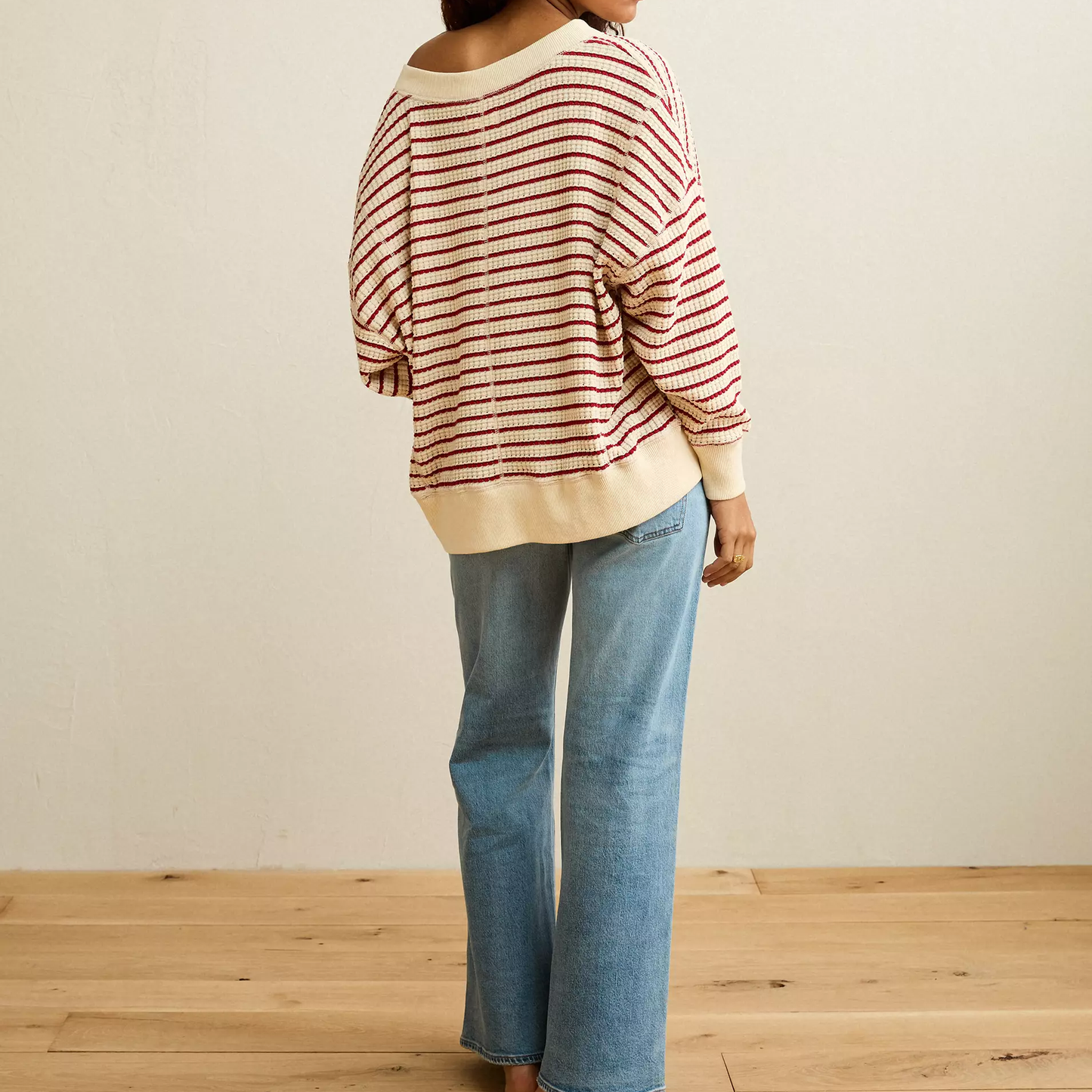 V‑Neck Waffle Knit Long‑Sleeved Top