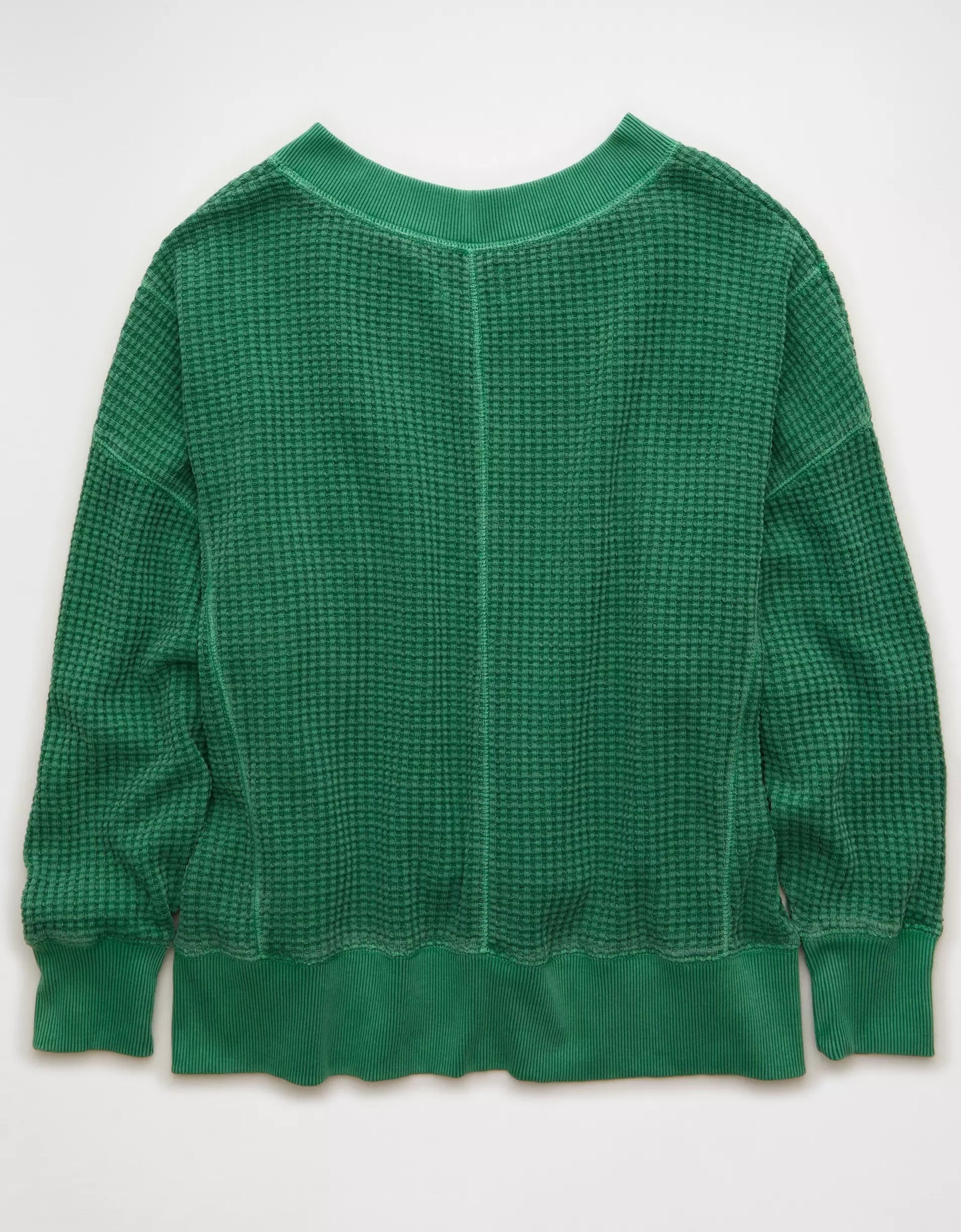 Relaxed Fit V‑Neck Waffle Knit Long‑Sleeved Top