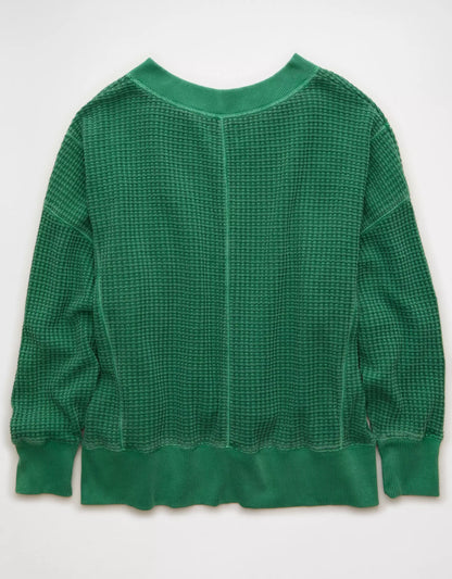 Relaxed Fit V‑Neck Waffle Knit Long‑Sleeved Top