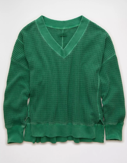 Relaxed Fit V‑Neck Waffle Knit Long‑Sleeved Top